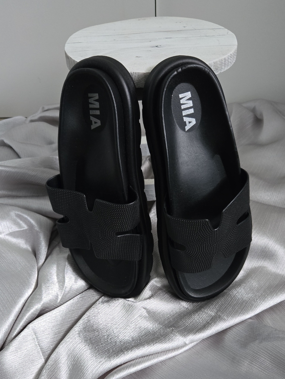 MIA Black Chunky Slide Sandals with Textured Strap - Picture 3 of 3